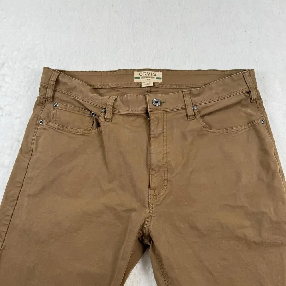 Orvis Jeans Mens Size 38x30 Brown Five Pocket Straight Leg Stretch Denim Casual